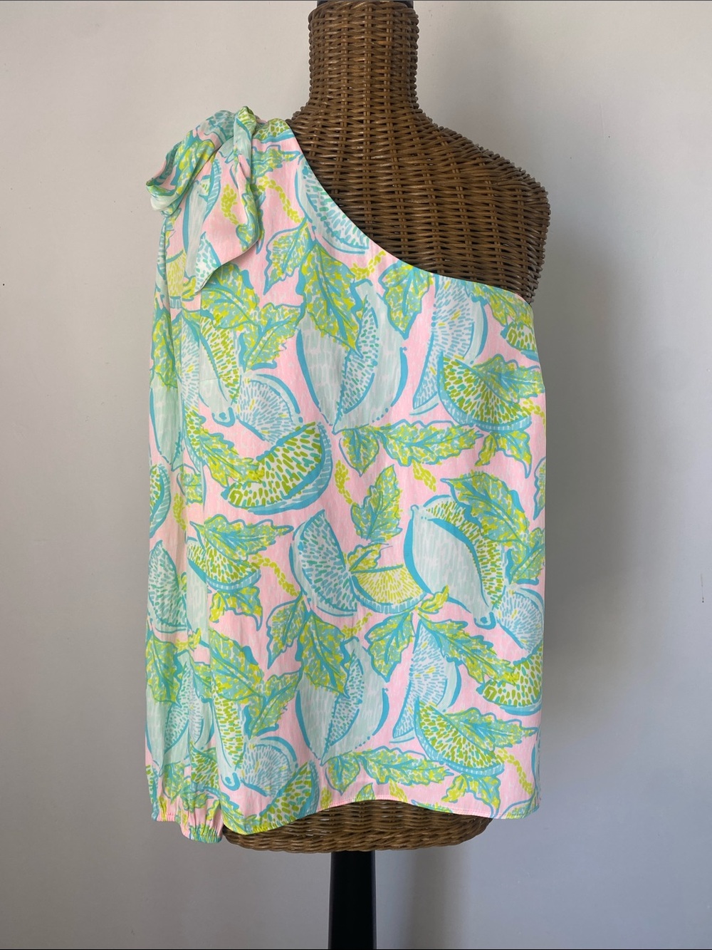 Lilly Pulitzer One-Shoulder Floral Tie-Shoulder Top in Pink, Aqua & Lime